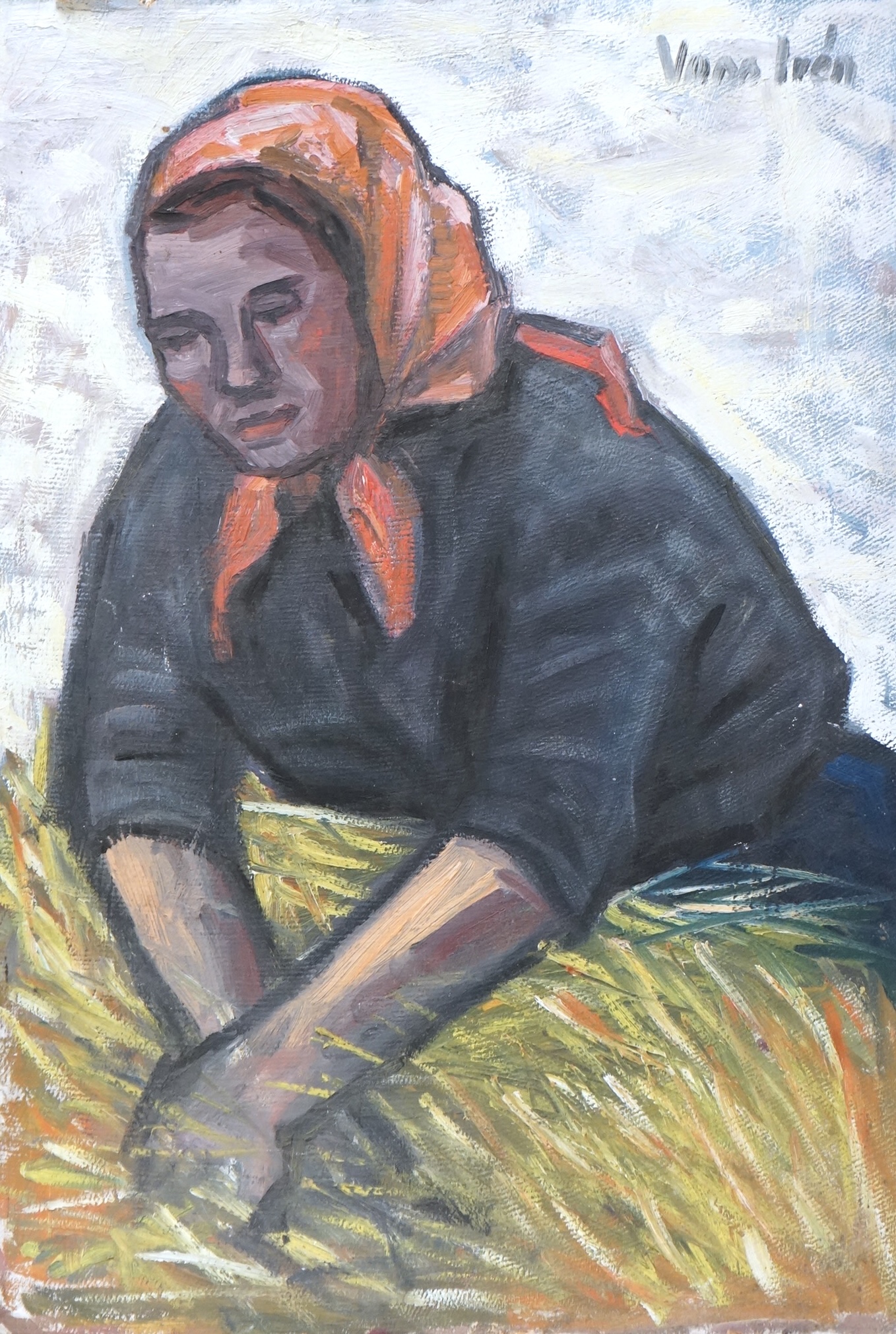 Vass Ireni ?, Hungarian School, oil on board, Study of a farm worker, indistinctly signed, inscribed and National Gallery export stamp of Hungary verso, 72 x 50cm, unframed